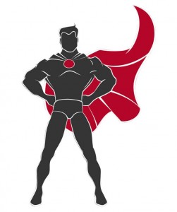 Black and white superhero with a red cape