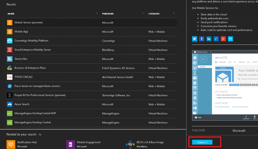 Azure Portal - Create button
