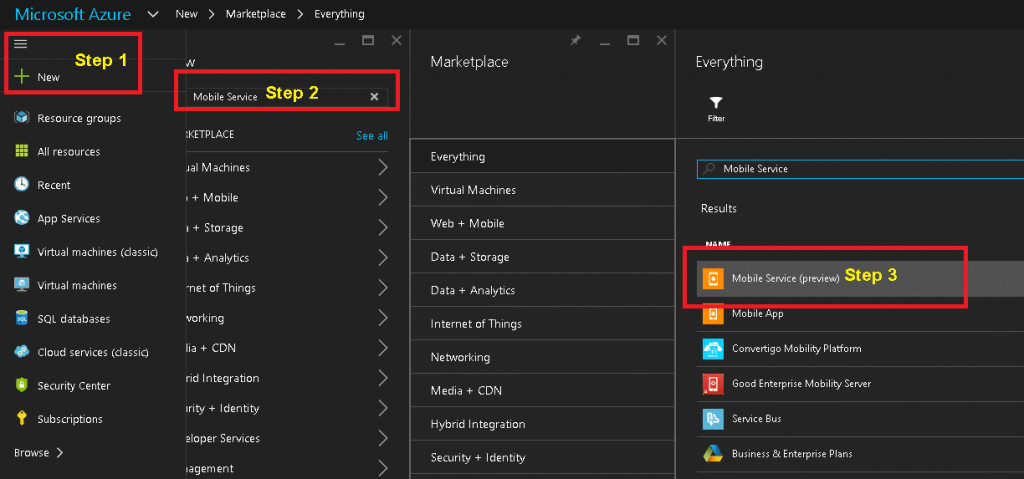 Azure Portal - Steps 1 - 3