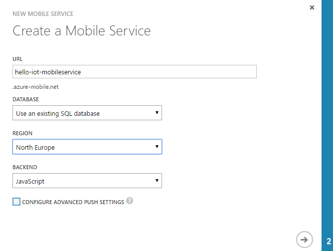 Azure Portal - create a mobile service