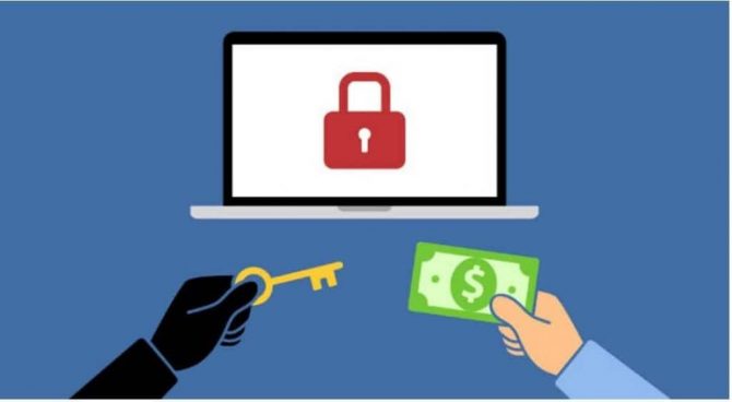 Ransomware symbols, a key being exchanged for cash