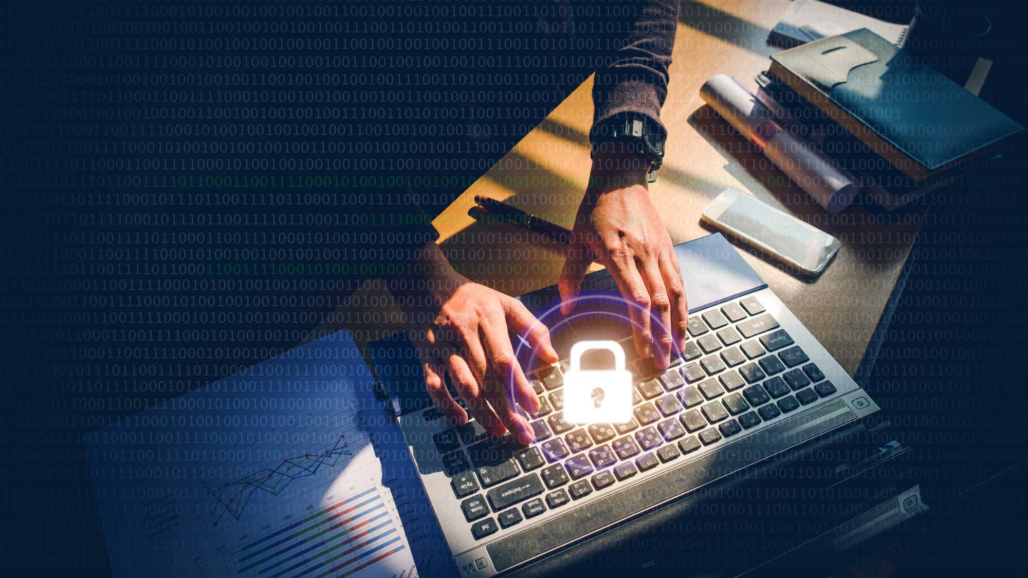 hands typing on a laptop keyboard with the graphic of a padlock above