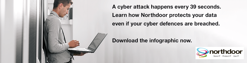 Image of man holding computer with text that reads 'A cyber attack happens every 39 seconds. Learn how Northdoor protects your data even if your cyber defences are breached'