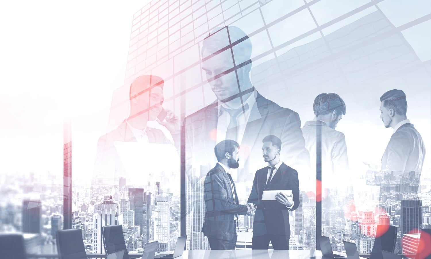 images of supply chain professionals in suits talking with a background of a skyline from an office