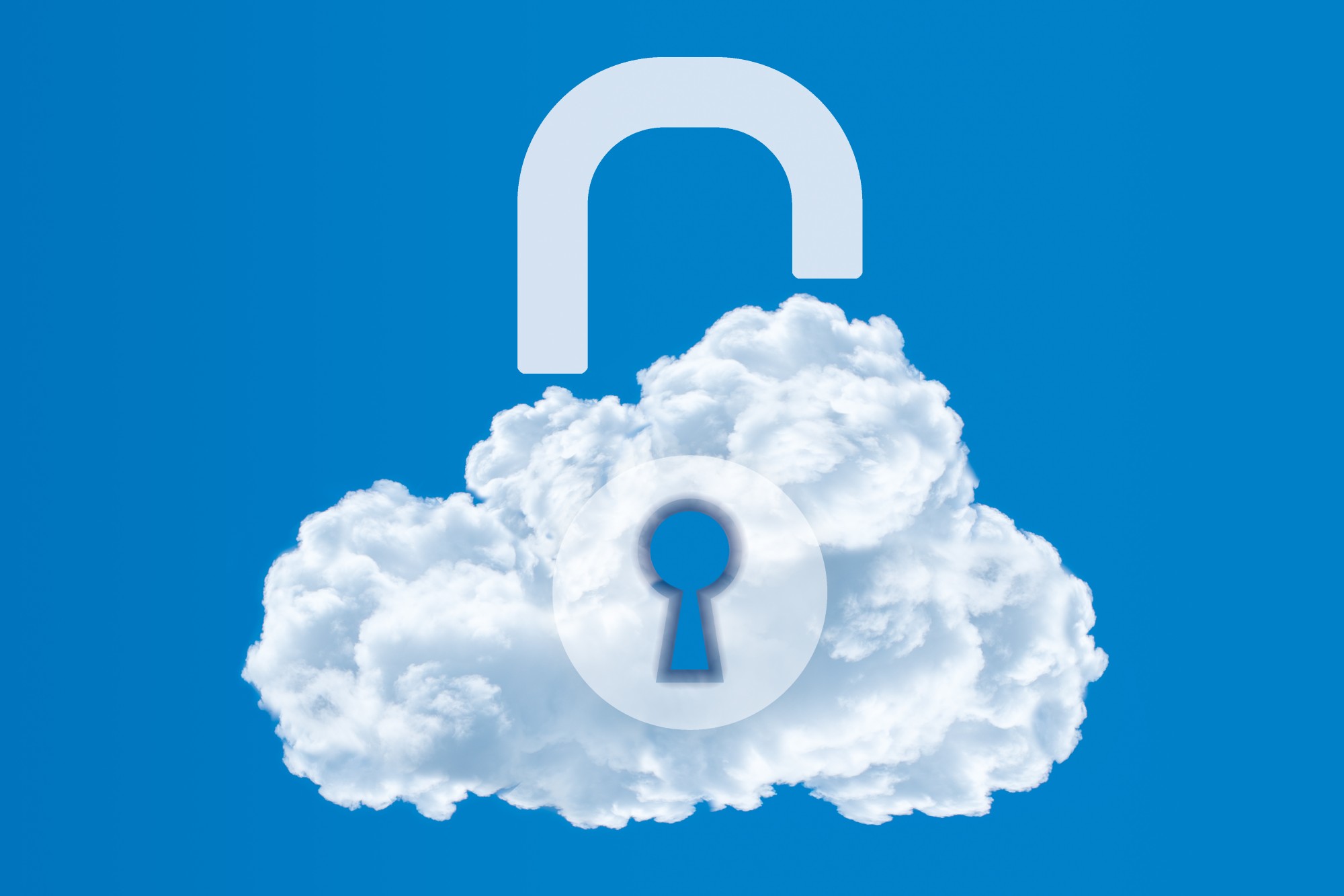 Cloud security challenges opened padlock graphic on top of a cloud in front of a blue background 