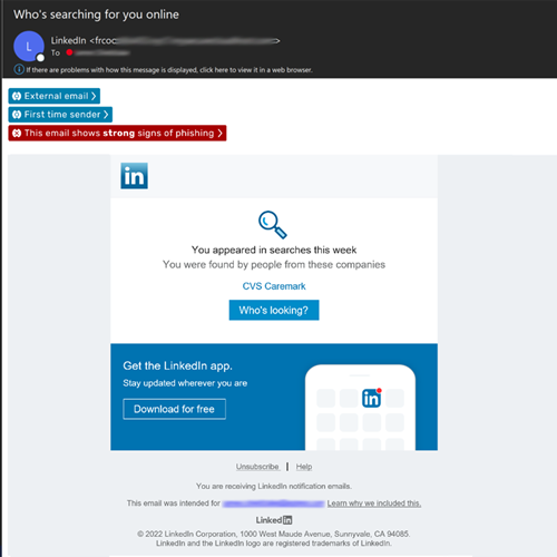 Example of LinkedIn phishing email as attacker poses to be LinkedIn