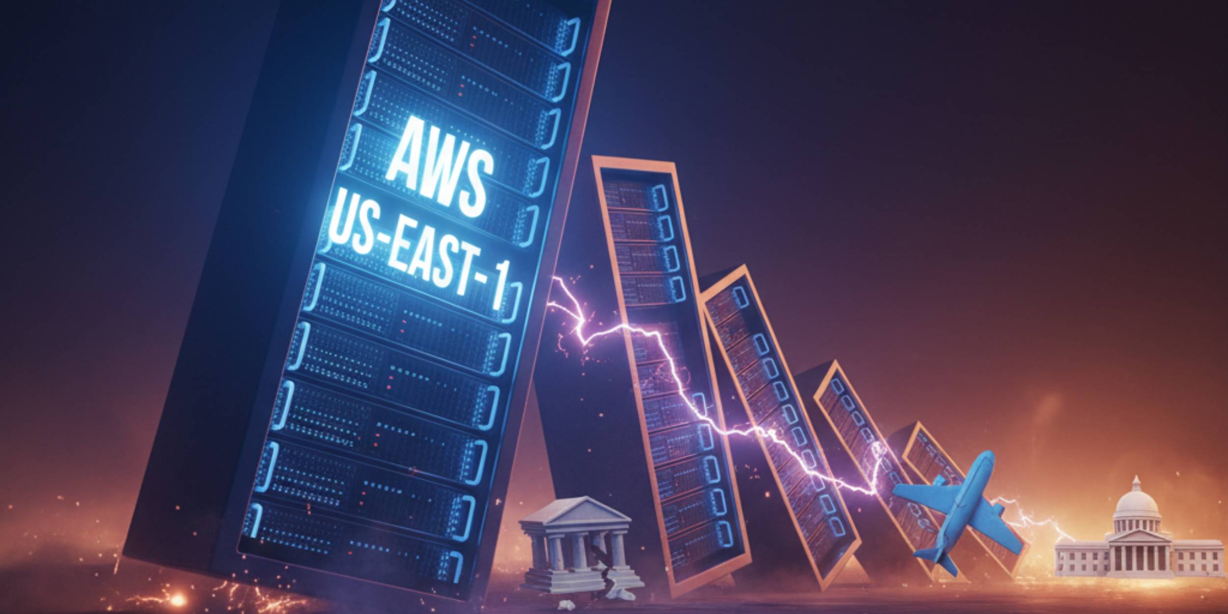 A dramatic, low-angle image showing a line of glowing, large server racks falling like dominoes. The first one, labeled 'AWS US-EAST-1', is striking a smaller bank building icon. Beams of blue lightning and energy connect the racks. Further down the line, the falling racks are shown knocking over a blue airplane icon and a government building with a dome. The setting is dark with dramatic, fiery orange light on the ground, symbolizing chaos and impact.