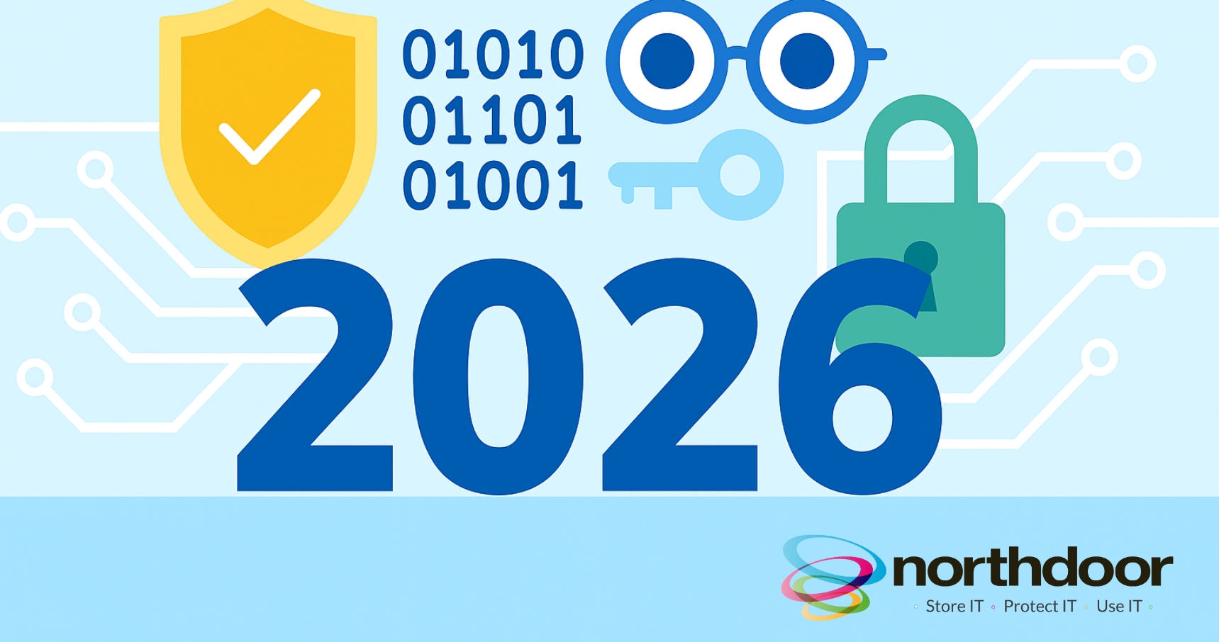 Cybersecurity trends for 2026 featuring shield padlock, key and digital network icons 