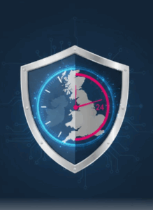 Map of UK within a shield representing regulation compliance