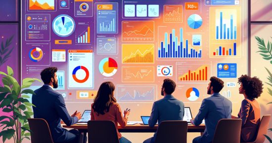 Team analysing data with Conversational BI tools in a modern meeting room.