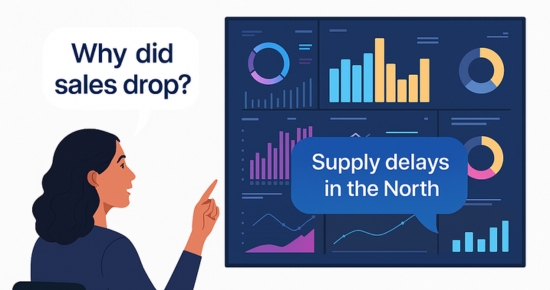 Conversational BI illustration showing a woman seated at a desk pointing to a large data dashboard. The screen displays colorful charts and graphs with a speech bubble that reads 'Supply delays in the North', responding to her question 'Why did sales drop?'. Headline at the top says 'When data can answer back