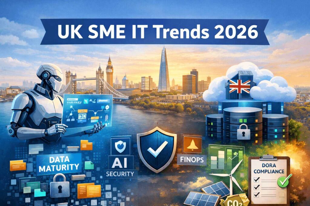 Illustration of UK SME IT trends set against a London skyline, featuring artificial intelligence, cyber security, cloud infrastructure and regulatory compliance.