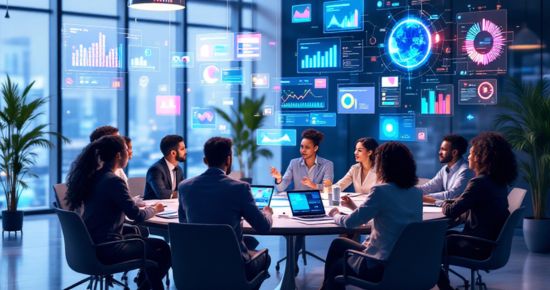 Team collaborating with Conversational BI and holographic dashboards in a modern conference room