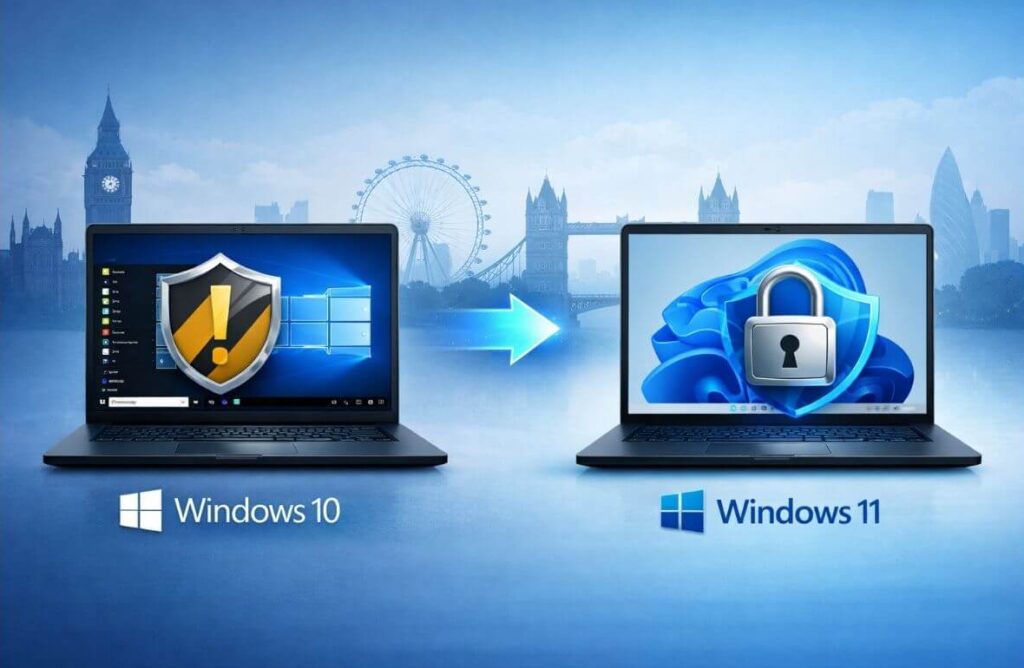 Illustration of two business laptops set against a subtle London skyline. The left laptop displays Windows 10 with a warning shield icon, while the right laptop shows Windows 11 with a secure padlock icon, connected by an arrow to represent a secure upgrade.