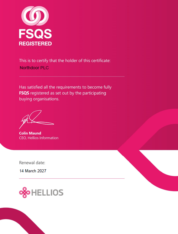 FSQS Registered certificate for Northdoor PLC issued by Hellios, renewal date 14 March 2027.