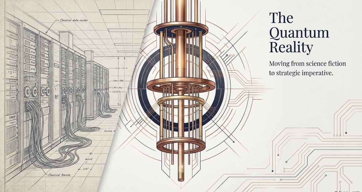 A split illustration comparing a classical data centre with a modern quantum computer, highlighting the shift from traditional servers to quantum technology.