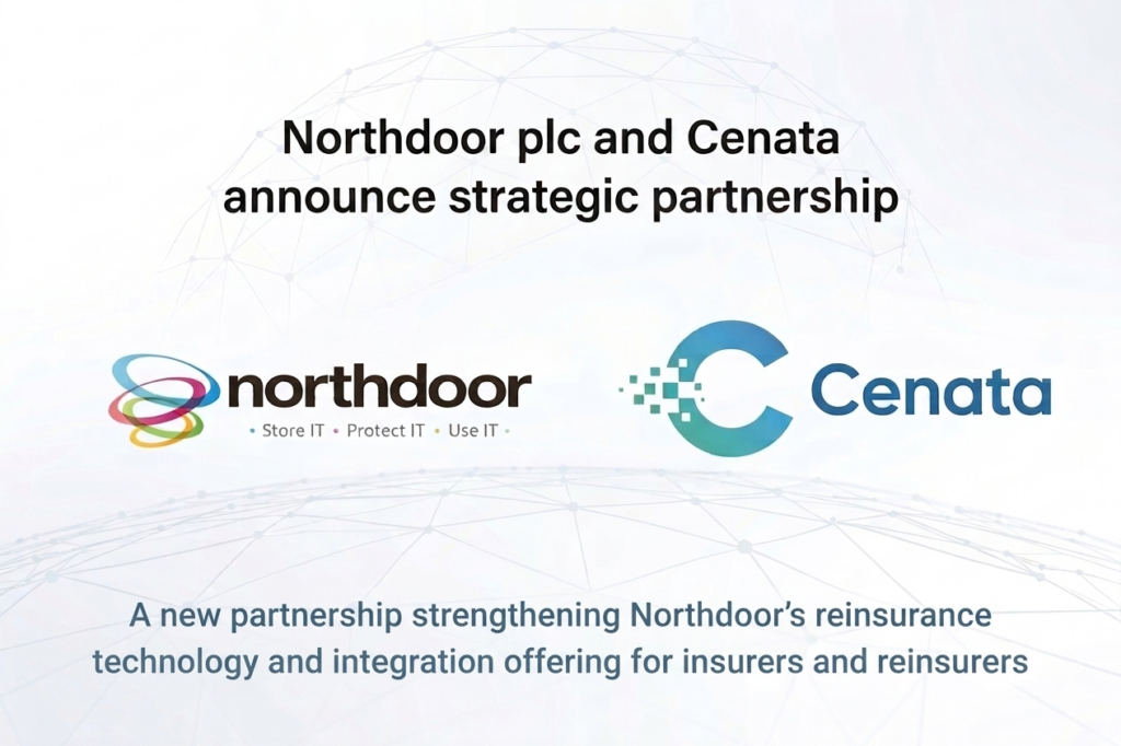 A partnership announcement between Northdoor plc and Cenata, featuring their logos. Text reads "Northdoor plc and Cenata announce strategic partnership," with a tagline below about strengthening reinsurance technology.