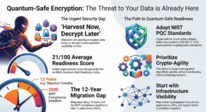 Infographic explaining the urgency of quantum-safe encryption, highlighting the harvest-now-decrypt-later threat, low global readiness scores, the 12‑year migration gap, and steps toward NIST-aligned quantum-safe readiness.