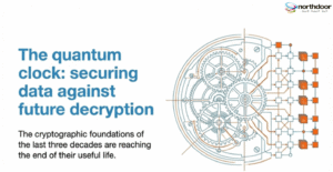 Digital gears and network nodes illustrating Quantum Encryption Risk, with the headline “The quantum clock: securing data against future decryption” and the Northdoor logo beneath.
