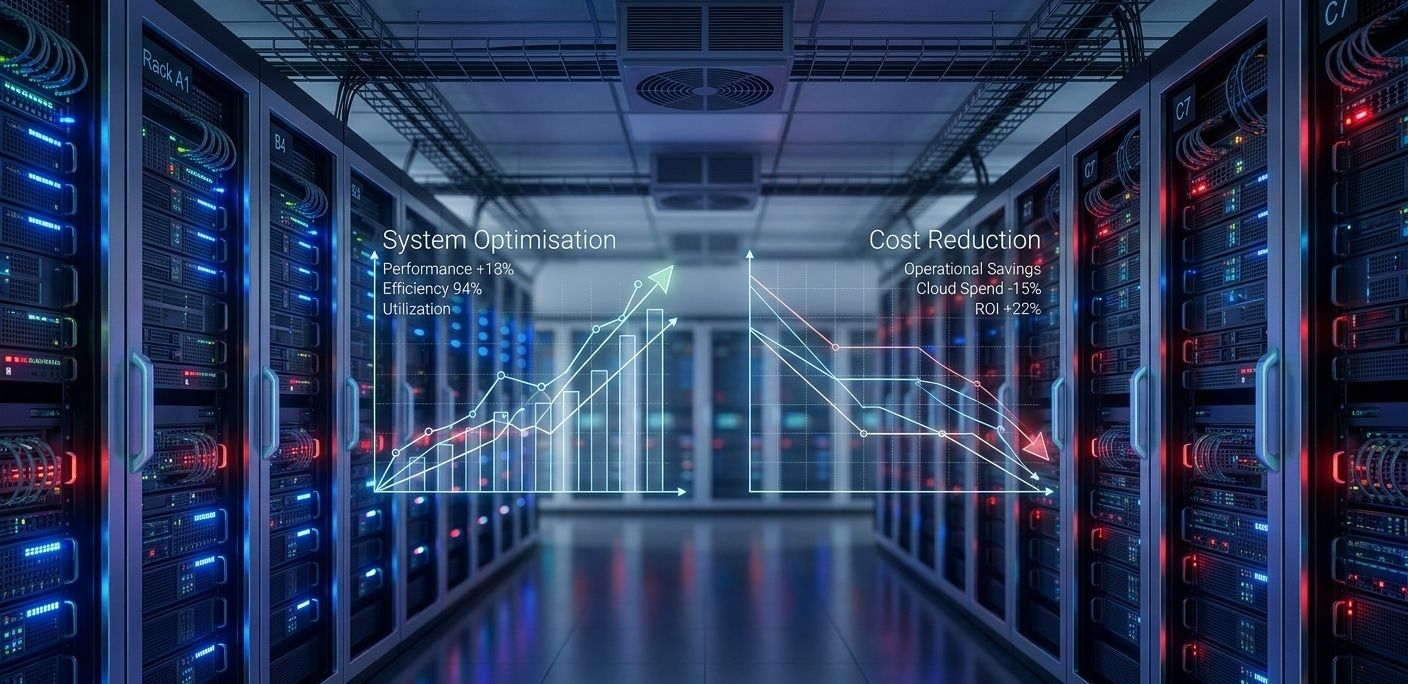 A modern data center room with glowing server racks. Two digital graph overlays are visible: one for 'System Optimisation' showing an upward trend and another for 'Cost Reduction' showing a downward trend