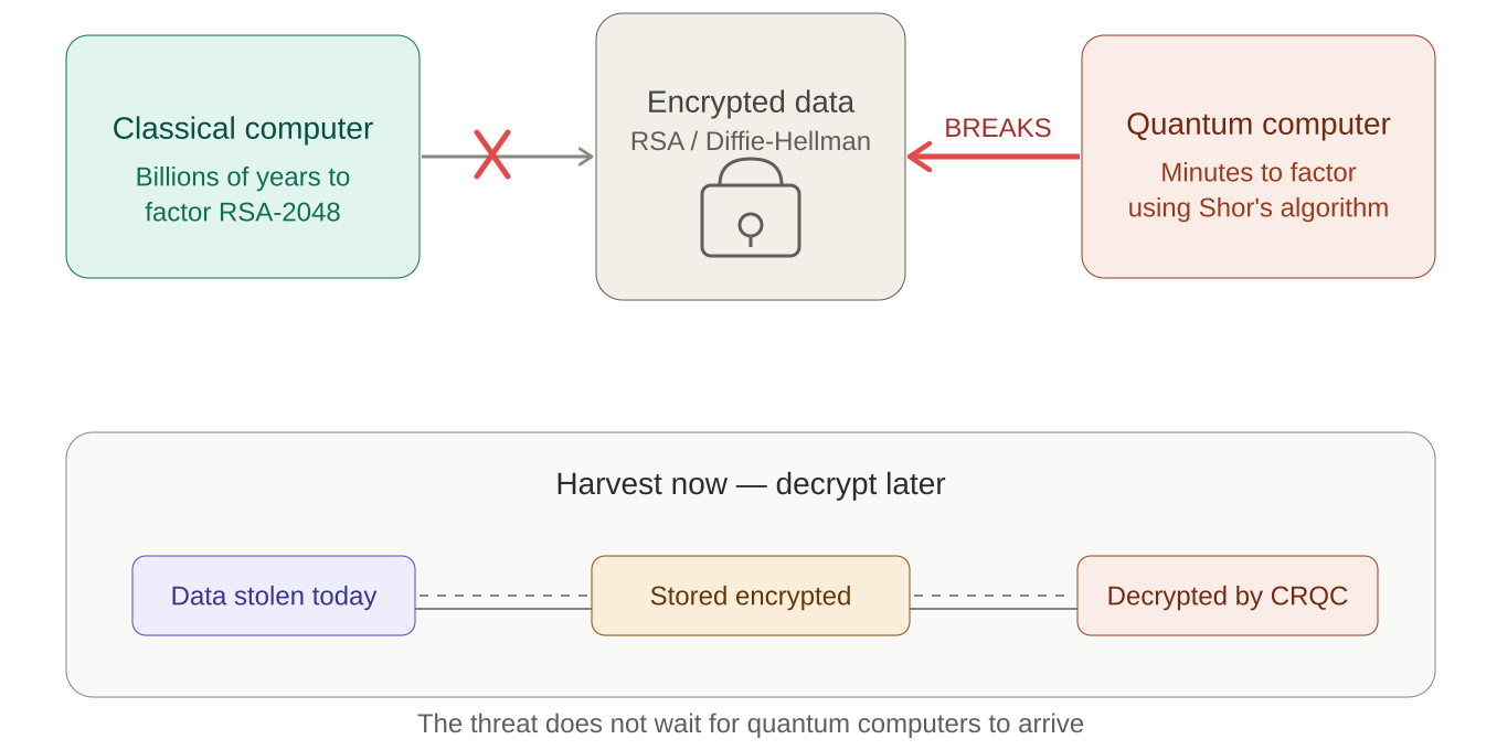 quantum-safe encryption diagram showing how a quantum computer breaks RSA encryption using Shor's algorithm and the harvest now decrypt later attack strategy