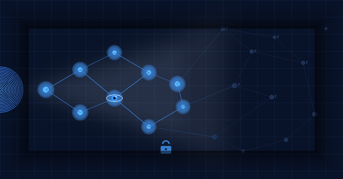 A network diagram split between light and shadow — connected data nodes illuminated on the left, unknown assets hidden in darkness on the right, illustrating the risk of data security blind spots.