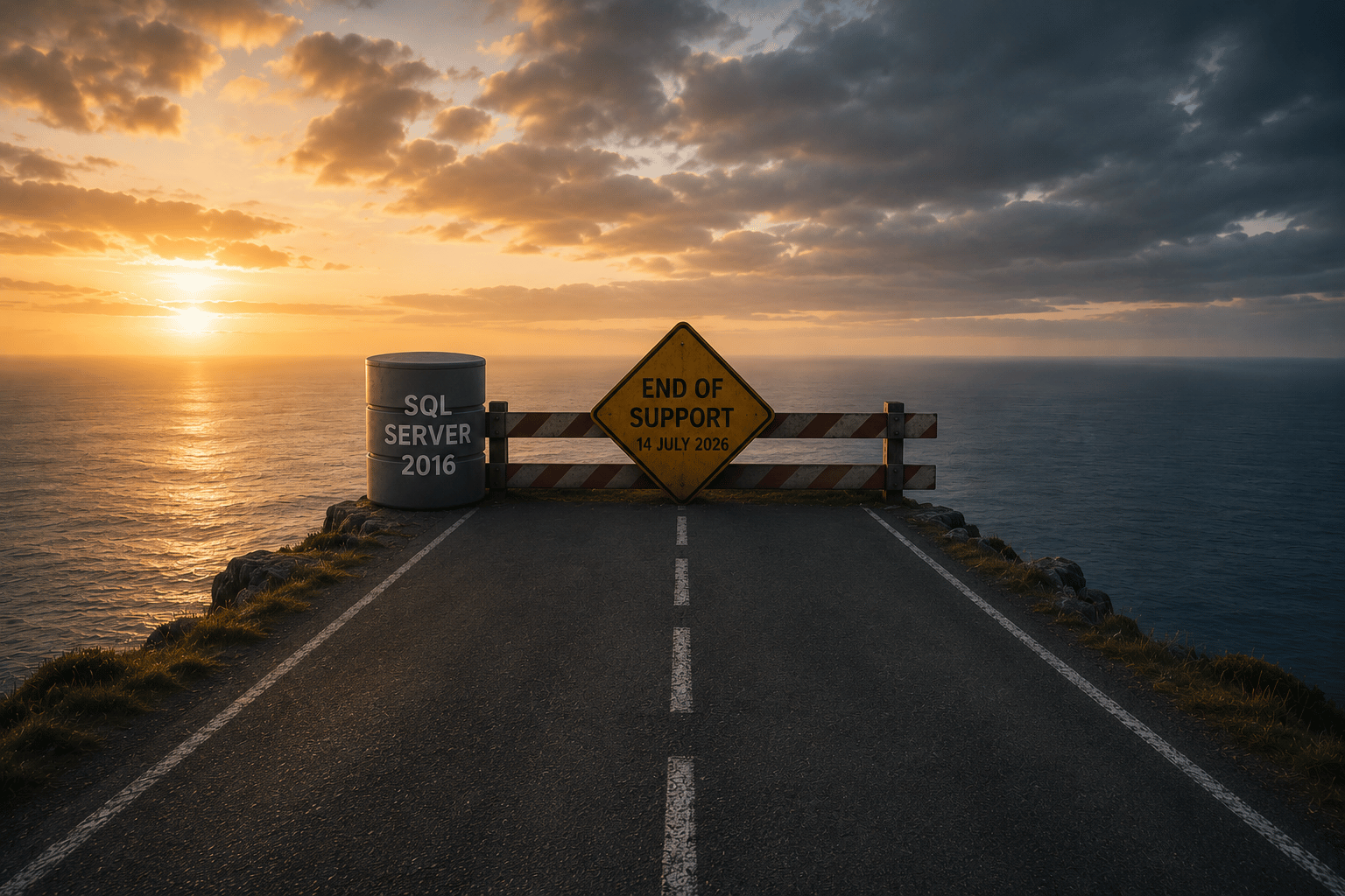 Conceptual illustration of SQL Server 2016 reaching end of support, showing a road blocked at a cliff edge with a July 2026 warning sign and database symbol, representing database modernisation and migration