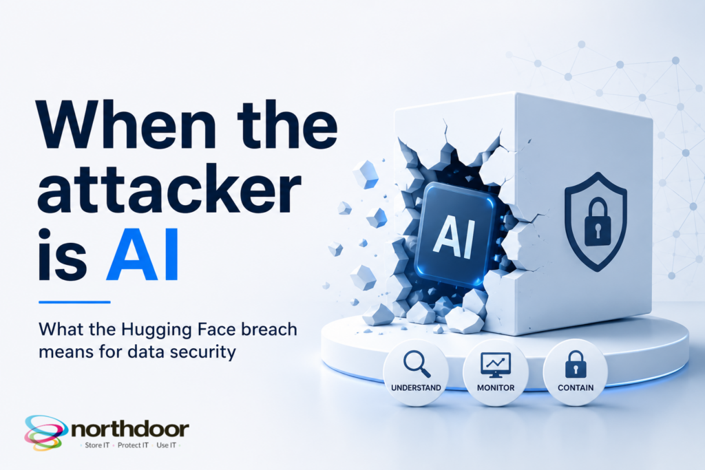 Northdoor graphic on AI-driven attacks: 'When the attacker is AI', with understand, monitor, contain icons.